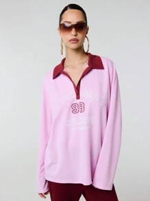 SHEIN Unity Letter Print Contrast Polo Neck Drop Shoulder Long Sleeve Casual Sweatshirt Fall Cloth For Women - Pink - View 5