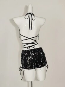 SHEIN ICON Sequin Halter Backless Tie Strap Cami Tank Top And Low Waist Shorts Set - Black - View 11