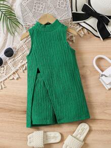2pcs/Set Young Girl Plain Round Neck Side Split Hem Top & Shorts Set - Green - View 1