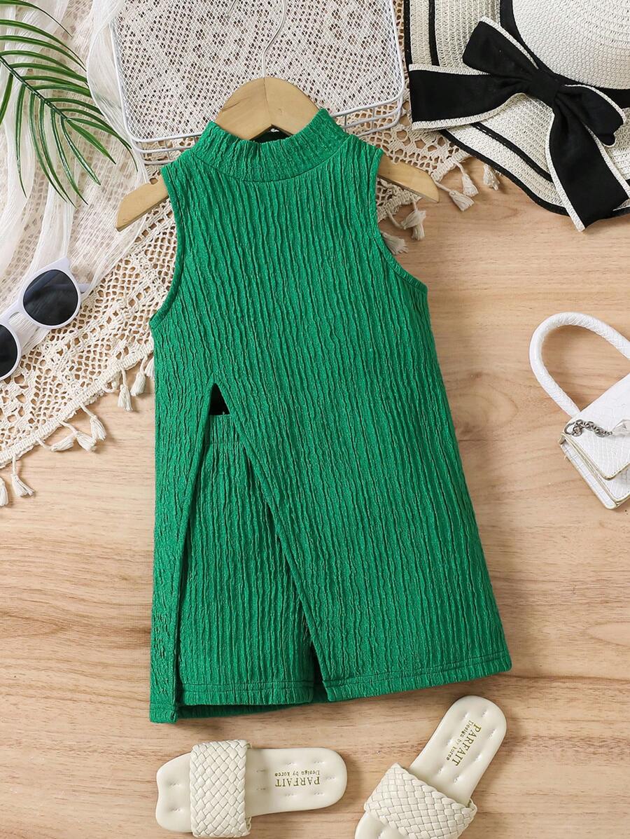 2pcs/Set Young Girl Plain Round Neck Side Split Hem Top & Shorts Set - Green - View 1