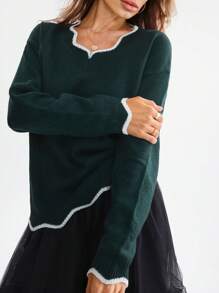 SHEIN LUNE 女士休闲 V 领撞色边饰长袖毛衣、长袖上衣 - 軍綠色 - 查看 5