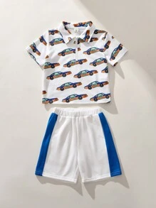 SHEIN Young Boy Front Zip Short Sleeve Allover Print Simple Top And Shorts Casual Outfit Set - Multicolor - View 3
