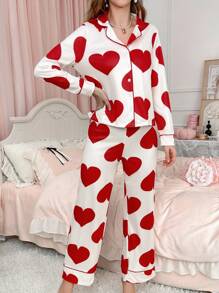 Valentine's Day Heart Print Sweet & Cute Lapel Women's Red Pajama Set - Multicolor - View 3