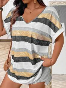 大码女式夏季 V 领短袖印花休闲 T 恤，女式 T 恤 - 彩色 - 查看 6