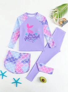 Tween Girl Vacation Beach Fish Scale Print Swimwear Set - Multicolor - View 4