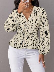 SOLERSUN Random Floral Print Belted Blouse Women Shirt - Apricot - View 4