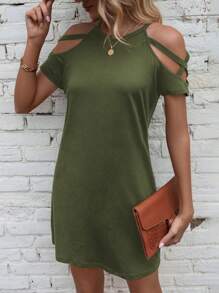 SHEIN LUNE Summer Solid Color Open Shoulder Casual Dress For New Year Clothes - Army Green - View 4