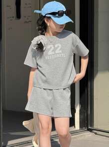DAZY 2 件套青少年女孩休闲简约短袖上衣和短裤套装，女孩夏季服装，返校服装 - 灰色 - 查看 2