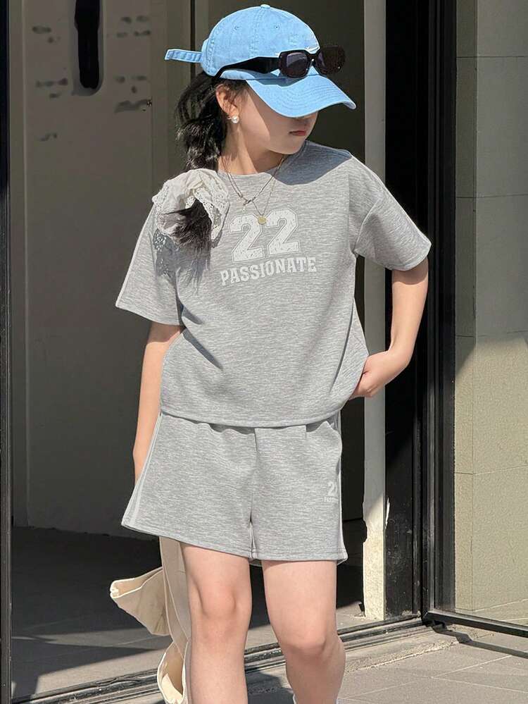 2pcs Tween Girls Casual Minimalist Short Sleeve Top And Shorts Set,Girls Summer Outfits,Back To School Clothes