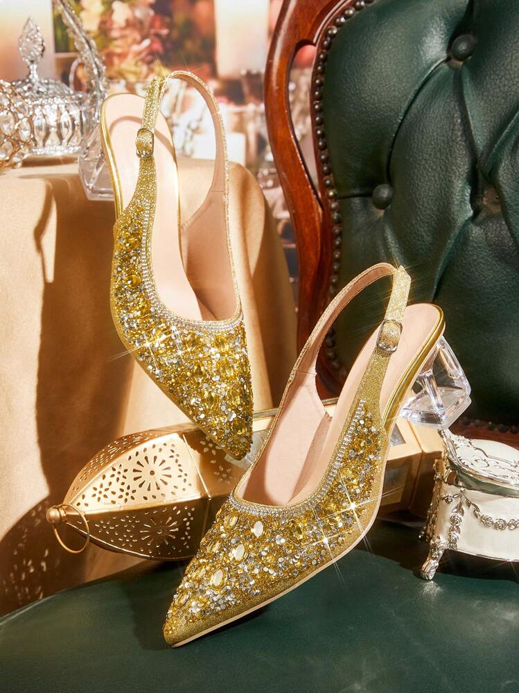 CUCCOO TILAWA Women's Crystal Heel Rhinestone Embellished Hollow-Out Black Pointed Toe Dress Pumps, Suitable For Going Out, Banquet, Party And Other Events For Christmas - Gold - View 1