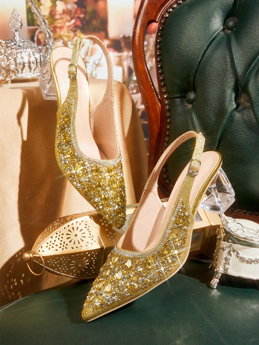 CUCCOO TILAWA Giày cao gót mũi nhọn đính đá pha lê lấp lánh cho nữ, thích hợp để đi chơi, dự tiệc, tiệc tùng và các sự kiện khác - Vàng - Xem 1