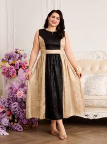 SHEIN Vestido de Veludo Preto e Dourado com Emenda de Plus Size para Mulheres, Gola Redonda, Sem Mangas, Cinto, Bainha em A, Estilo Elegante Adequado para Festa e Ocasiões, Verão (Conjuntos Combinando Mamãe e Eu, 2 Peças Vendidas Separadamente) - Vinho - Visão 1