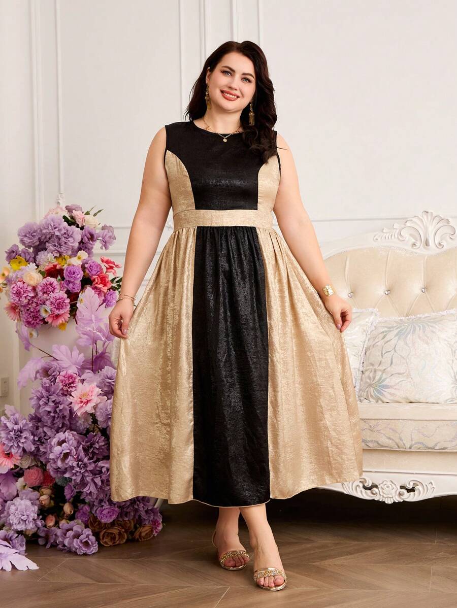 SHEIN Vestido de Veludo Preto e Dourado com Emenda de Plus Size para Mulheres, Gola Redonda, Sem Mangas, Cinto, Bainha em A, Estilo Elegante Adequado para Festa e Ocasiões, Verão (Conjuntos Combinando Mamãe e Eu, 2 Peças Vendidas Separadamente) - Vinho - Visão 1