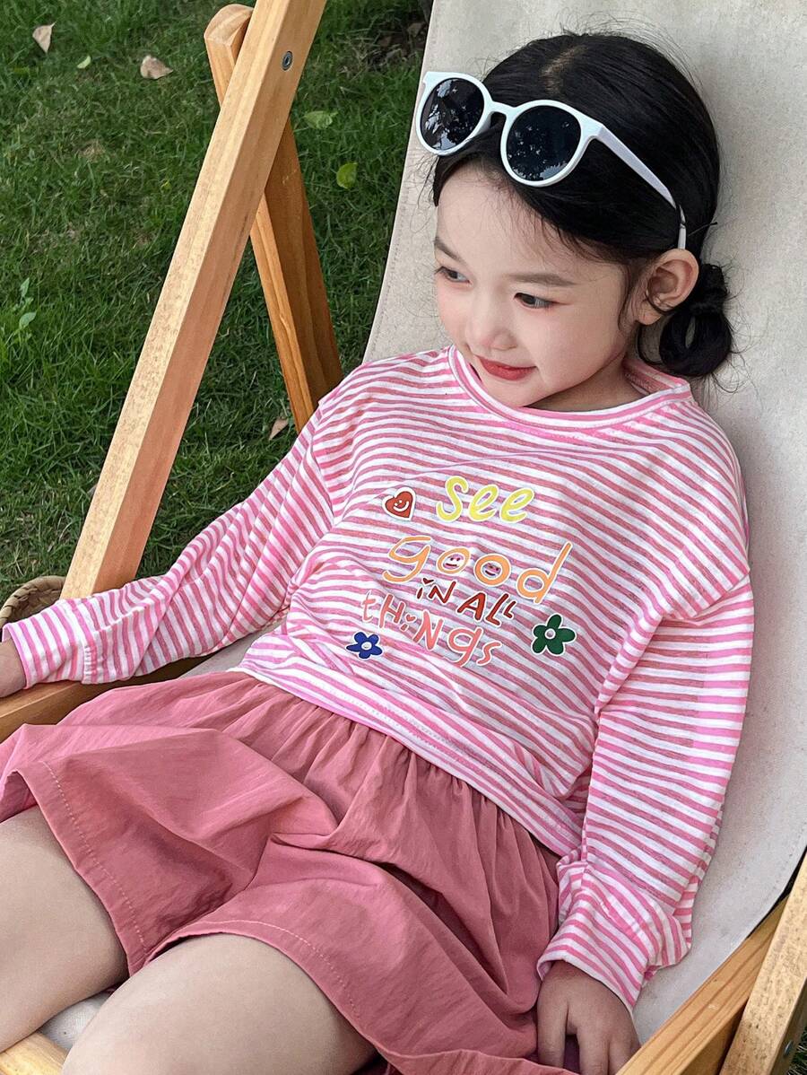 DAZY 2 件套年轻女孩休闲简约长袖上衣和短裤套装，日常穿着 - 粉色 - 查看 1