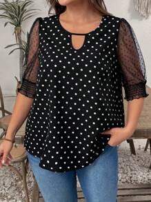 EMERY ROSE 大码女式波点雪纺拼布衬衫，浪漫优雅，春夏