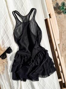 Bonvoyette Black Ruffled Round Neck Sleeveless Sexy Sheer Cute New Romantic Vacation Ladies Cover Up Dress, For Summer Beach - Black - View 3