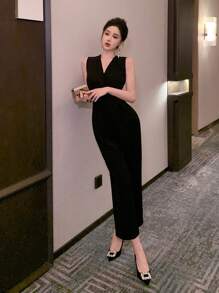 DAZY Bộ jumpsuit nữ màu trơn cổ chữ V không tay có thắt lưng, thích hợp cho dạ hội, công sở. - màu đen - Xem 9