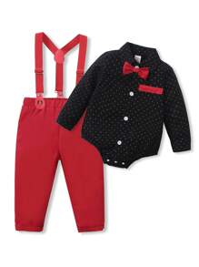 SHEIN 2 件套男婴波尔卡圆点长袖领结衬衫和工装裤，绅士装适合休闲装、派对、万圣节、圣诞节、生日 - 彩色 - 查看 1