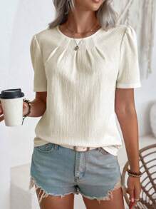 SHEIN LUNE 女士纯色短袖衬衫，简约时尚休闲日常穿着 - 杏色 - 查看 3