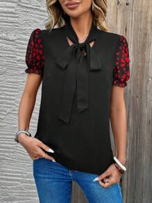 EMERY ROSE Women's Solid Color Patchwork Front Tie Short Sleeve Casual Shirt - Black - View 3