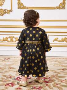 SHEIN Leap Crew Baby Girls Black Mesh Polka Dot Long Cardigan & Dress 2 Pieces Outfit Set, Spring/Summer - Black - View 2