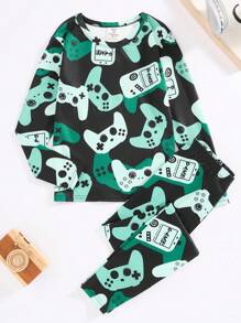 SHEIN Tween Boy Snug Fit Cartoon Game Controller Graphic Crew Neck Long Sleeve Tee & Long Pants Leisure Comfortable Pajama Set - Green - View 1