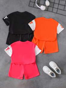SHEIN 2pcs/Set Girl Letter Print Short Sleeve T-Shirt And Shorts