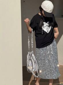 DAZY Tween Girl' Heart Printed Short Sleeve T-Shirt Summer,Back To School Clothes - Black - View 7