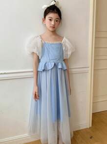 DAZY Tween Girl' Square Collar Mesh Splice Simple Princess Dress, Summer,Back To School Clothes - Blue - View 6