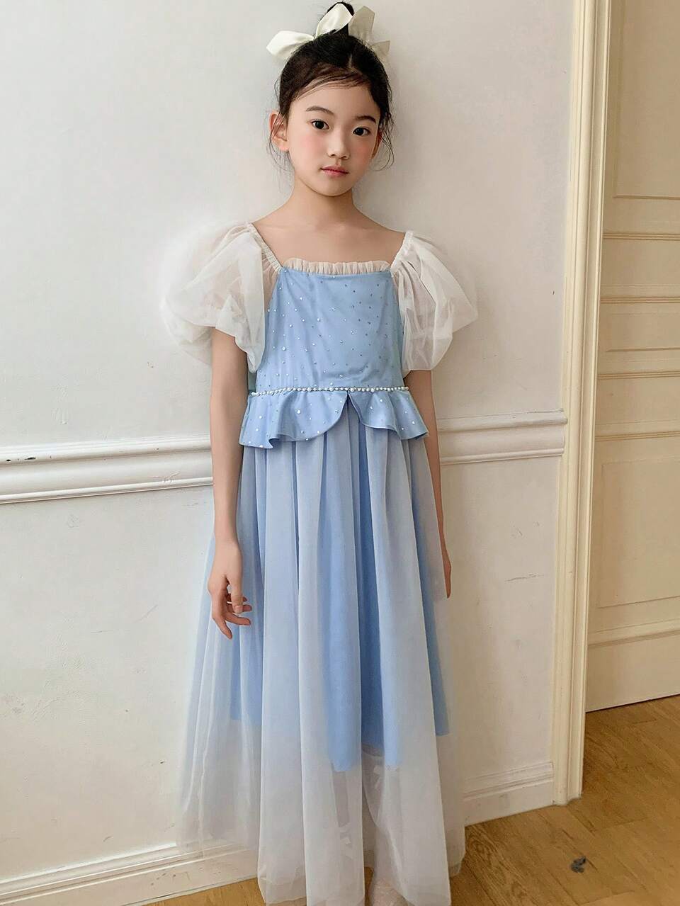 Tween Girl' Square Collar Mesh Splice Simple Princess Dress, Summer,Back To School Clothes