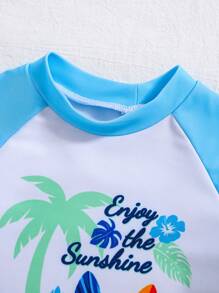 SHEIN Leap Crew 3 件套男婴/女婴可爱鱼图案短袖上衣、紧身短裤和泳裤套装，适合春夏旅行、海滩、游泳 - 淺藍色 - 查看 5