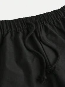 SHEIN 少女腰部褶皱针织短款上衣和抽绳低腰阔腿运动休闲工装裤套装，街头时尚吊带背心和裤子套装 - 紅色 - 查看 4