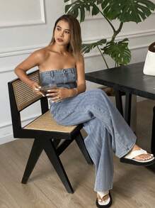 DAZY Conjunto de bralette ajustada y vaqueros de pierna recta estilo vaquero casual desgastado y lavado para mujer - Azul - Ver 7