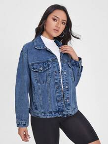 SHEIN Essnce 女式长袖单排扣口袋休闲牛仔夹克