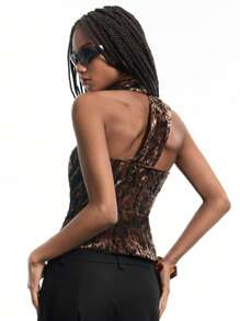 LYSMO Camiseta de tirantes de corte estetico Y2K plisada y de ajuste ceñido para mujer - Negro y oro - Ver 2