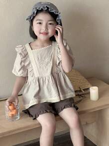 DAZY 2 Stücke Urlaubs-Lässig Set aus bestickter Bluse mit Puffärmeln und Shorts für Kleine Mädchen