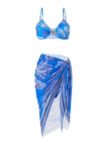 SHEIN Swim Curve Summer Plus Size 3Pcs Women's Adjustable Strap Bikini Set, Random Printed Cover Up, Ocean Shell Metal Accent, Casual Beach Holiday