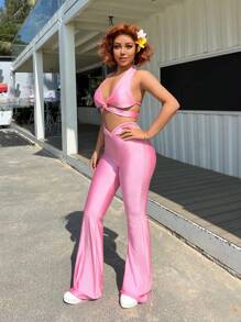 SHEIN ICON 2pcs Knot Front Backless Halter Design Top And Flare Leg Pants Sexy Women Outfit