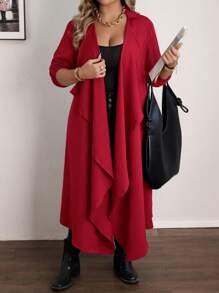 EMERY ROSE Plus Size Casual Waterfall Lapel Long Cardigan For New Year Clothes - Red - View 4
