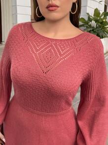 Calvaya Plus Size Solid Color Lantern Sleeve Sweater Dress, Casual Style For Autumn/Winter - Watermelon Pink - View 1