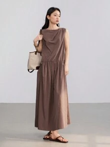 Dazy-Less Damen Einfarbiges Leinen Loose Vest Design Patchwork Midi Kleid Business Lässig