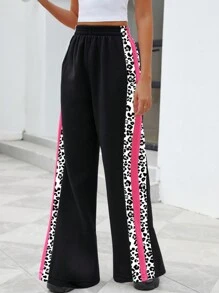 INAWLY Women's Casual Leopard Print Patchwork Wide Leg Sweatpants, Suitable For Autumn/Winter
