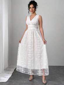 Rafferiza 优雅女士蕾丝花朵无袖拼布荷叶边下摆中长连衣裙