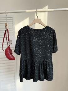 CovetEZ Plus Size Women's Round Neck Patchwork A-Line Solid Color Doll Dress T-Shirt - Black - View 2