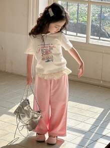DAZY 2pcs Casual Young Girl Minimalist Short Sleeve T-Shirt And Pants Set For Daily Wear,Girls Summer Outfits