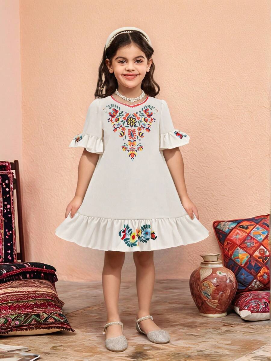 Young Girl Bohemian Style Faux Floral Embroidery Print V-Neck Ruffle Hem Casual Dress - Beige - View 1