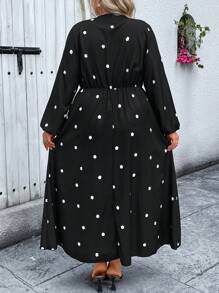 EMERY ROSE Plus Size Women V-Neck Print Waist Fit Dress, Holiday Casual Dress - Black - View 2