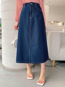 DAZY Women's Pocket Design Long Casual Versatile Denim Skirt Summer