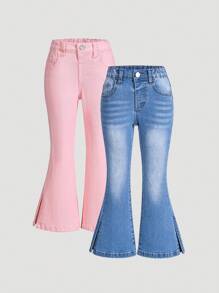 SHEIN 2pcs/Set Young Girls Fashionable Elastic Flared Jeans - Multicolor - View 1