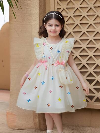 斋月 2025 女童韩版夏季热卖女童时尚百搭蝴蝶刺绣彩色盖袖甜美时尚可爱连衣裙 + 可爱斜挎包、婚纱、花园
